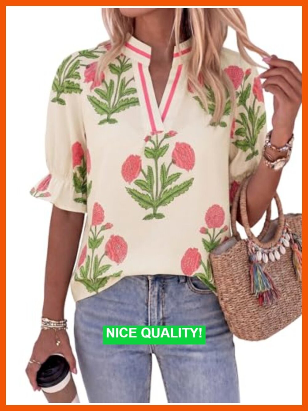 Women's Floral Boho Blouse with Puff Sleeves & V-Neck